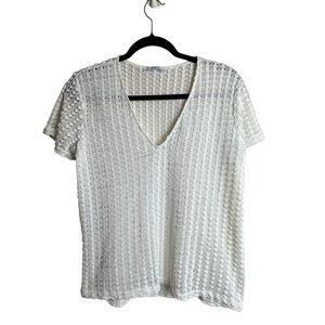 Zara Crochet Loose Knit White V Neck Top Blouse Shirt Womens Size Large
